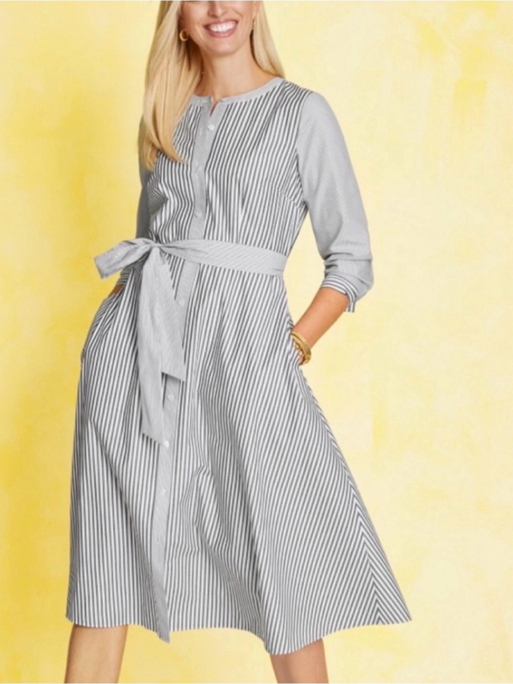 NWT Talbots Gray and White Striped Midi Shirt Dress Size 4P